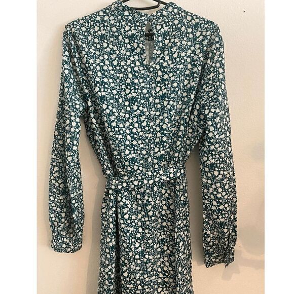 Like New Ruched Mock Neck White Floral Print Teal Midi Dress - Picture 11 of 11